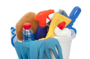 A bucket of domestic cleaning products